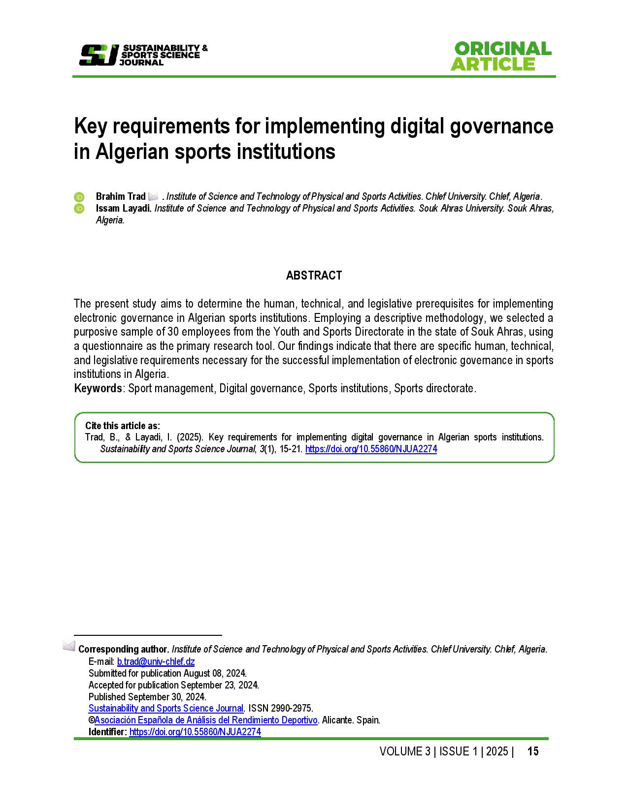 Key requirements for implementing digital governance in Algerian sports institutions