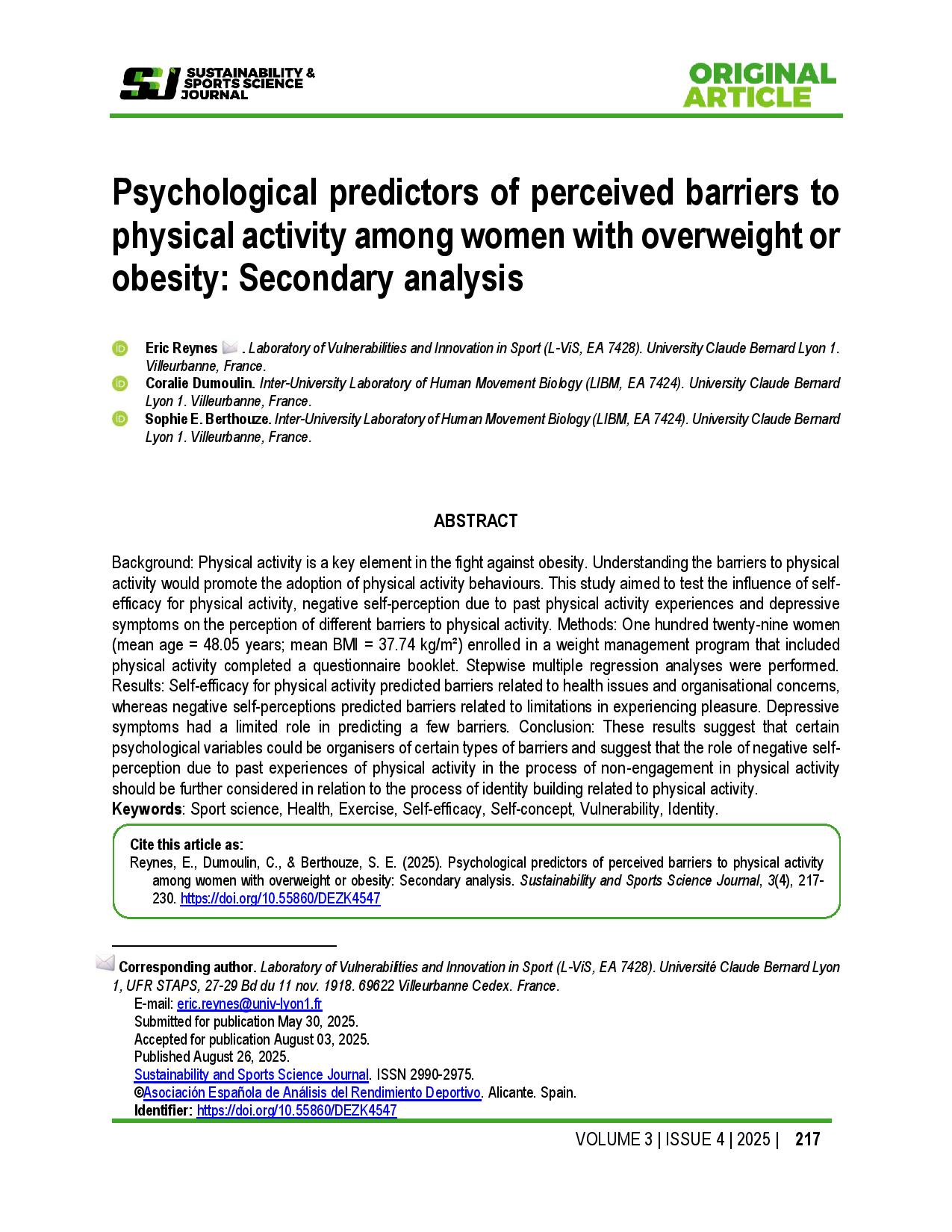 Psychological predictors of perceived barriers to physical activity among women with overweight or obesity: Secondary analysis