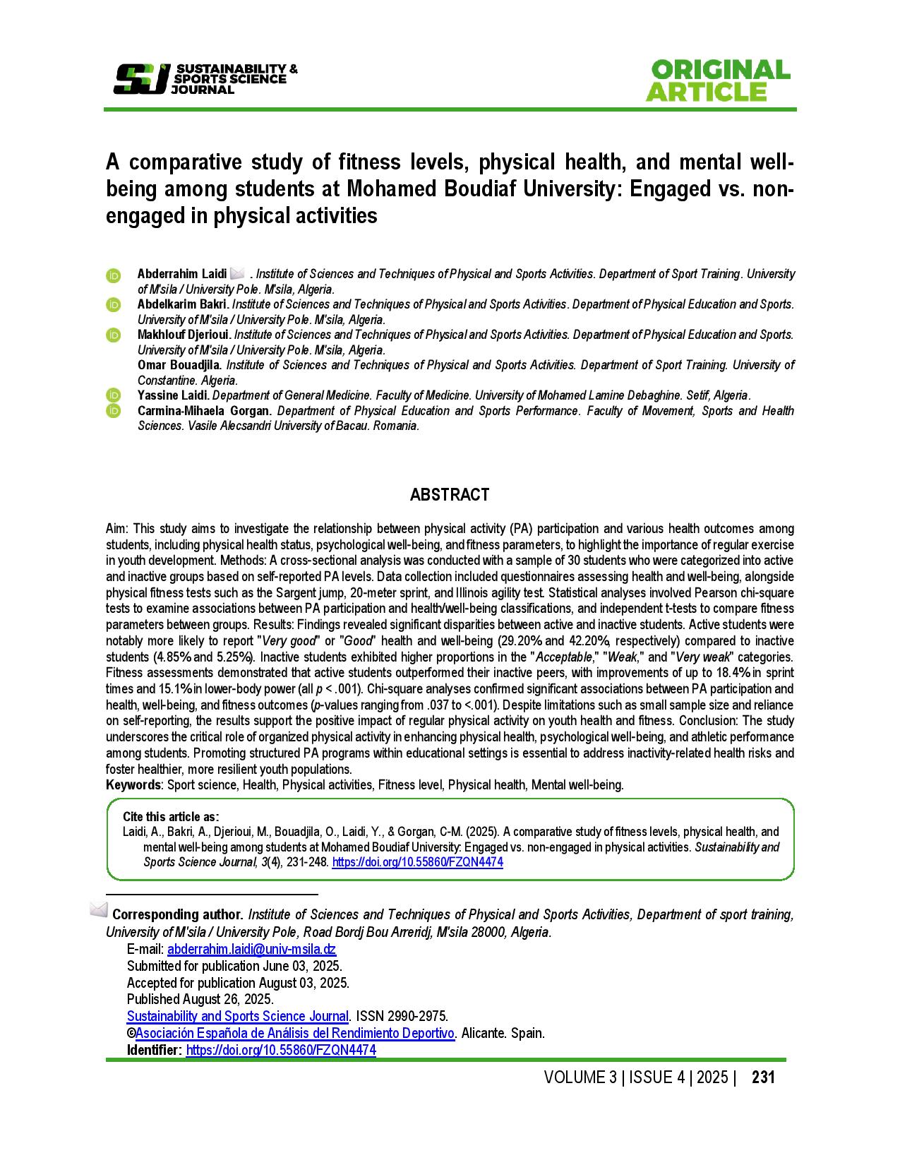A comparative study of fitness levels, physical health, and mental well-being among students at Mohamed Boudiaf University: Engaged vs. non-engaged in physical activities