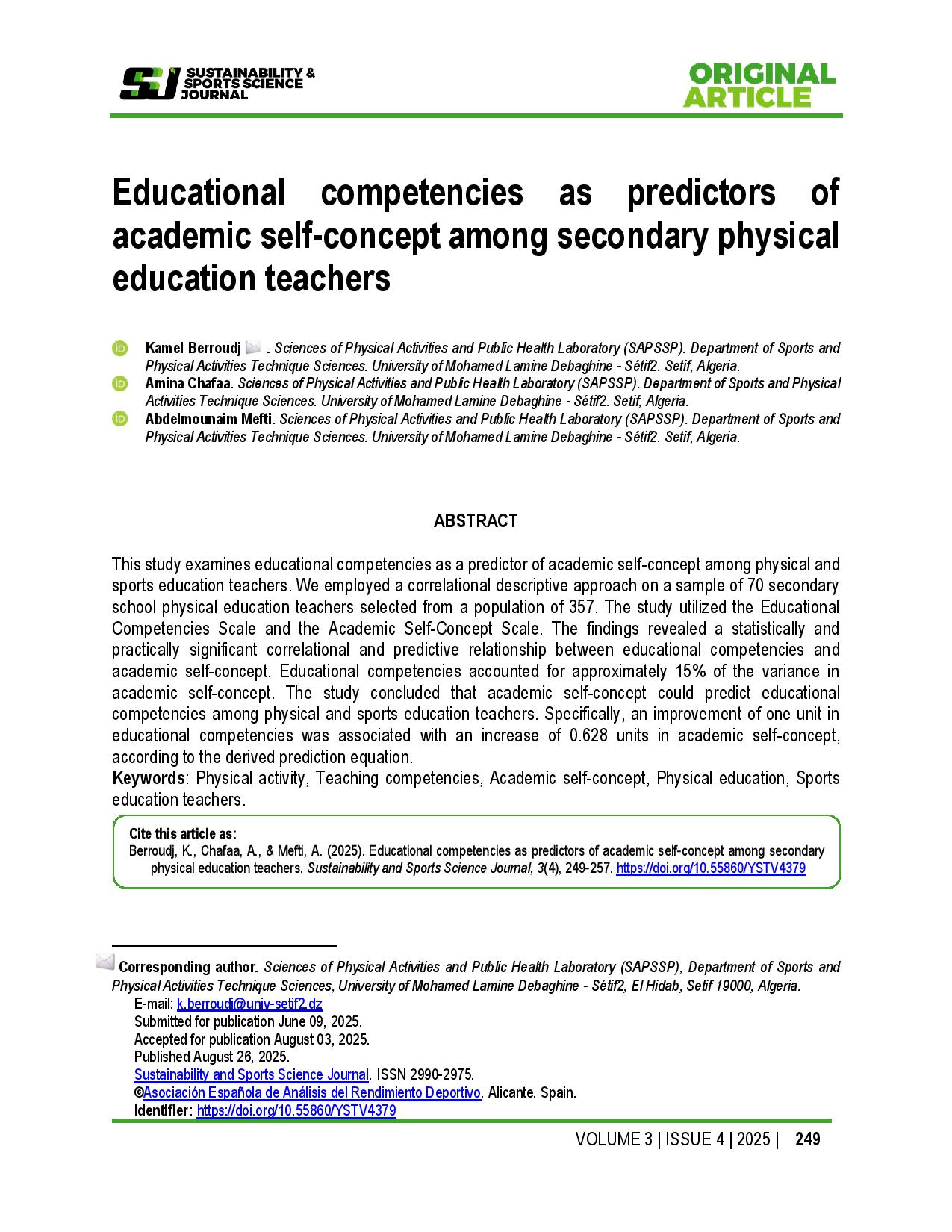 Educational competencies as predictors of academic self-concept among secondary physical education teachers