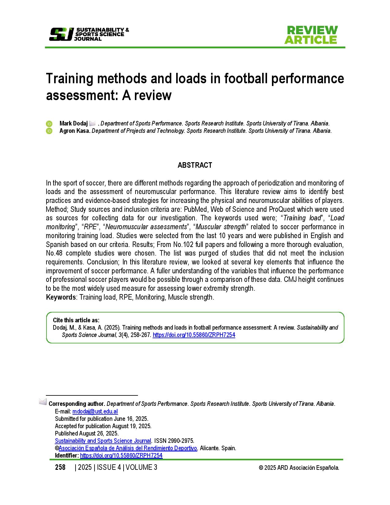 Training methods and loads in football performance assessment: A review