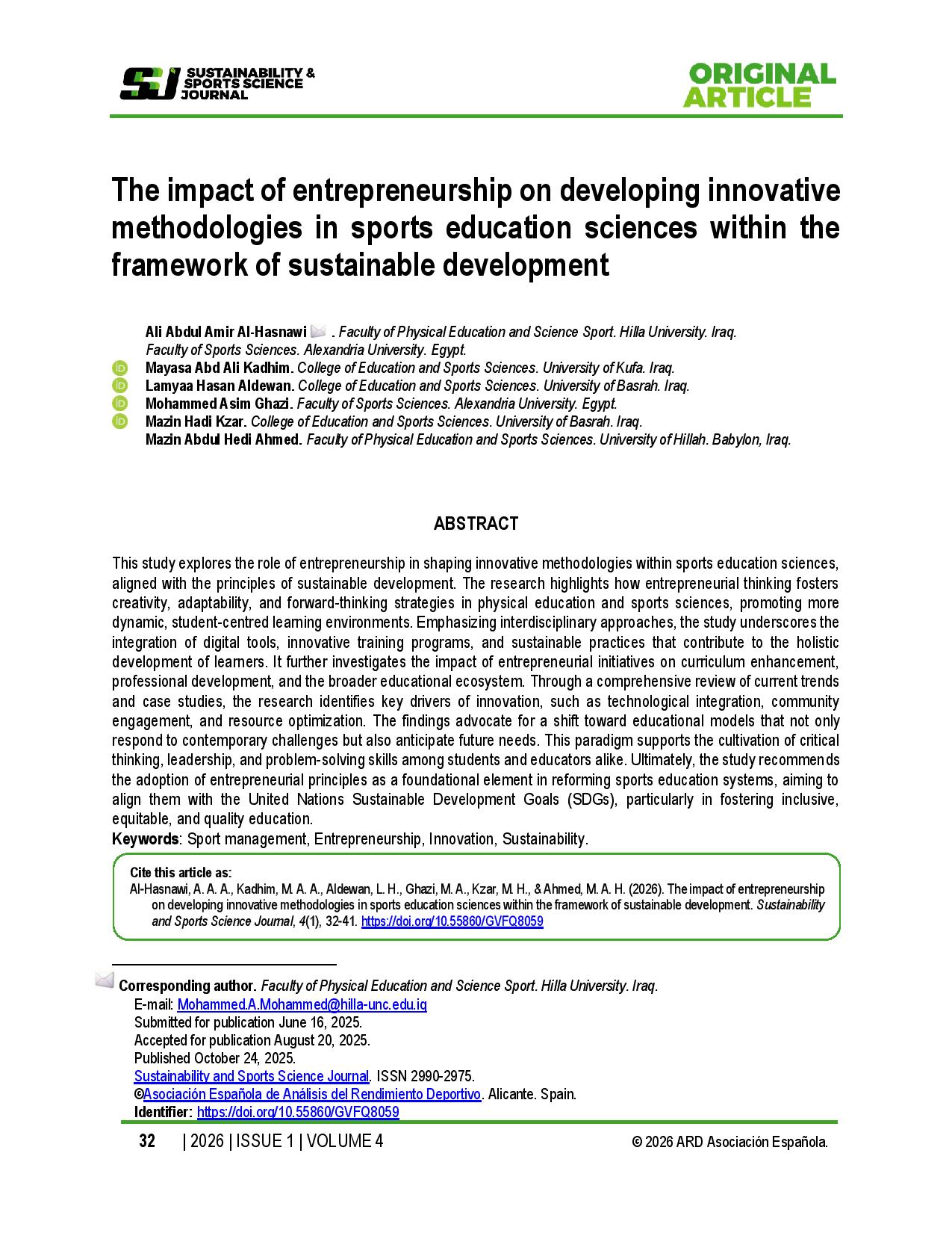 The impact of entrepreneurship on developing innovative methodologies in sports education sciences within the framework of sustainable development