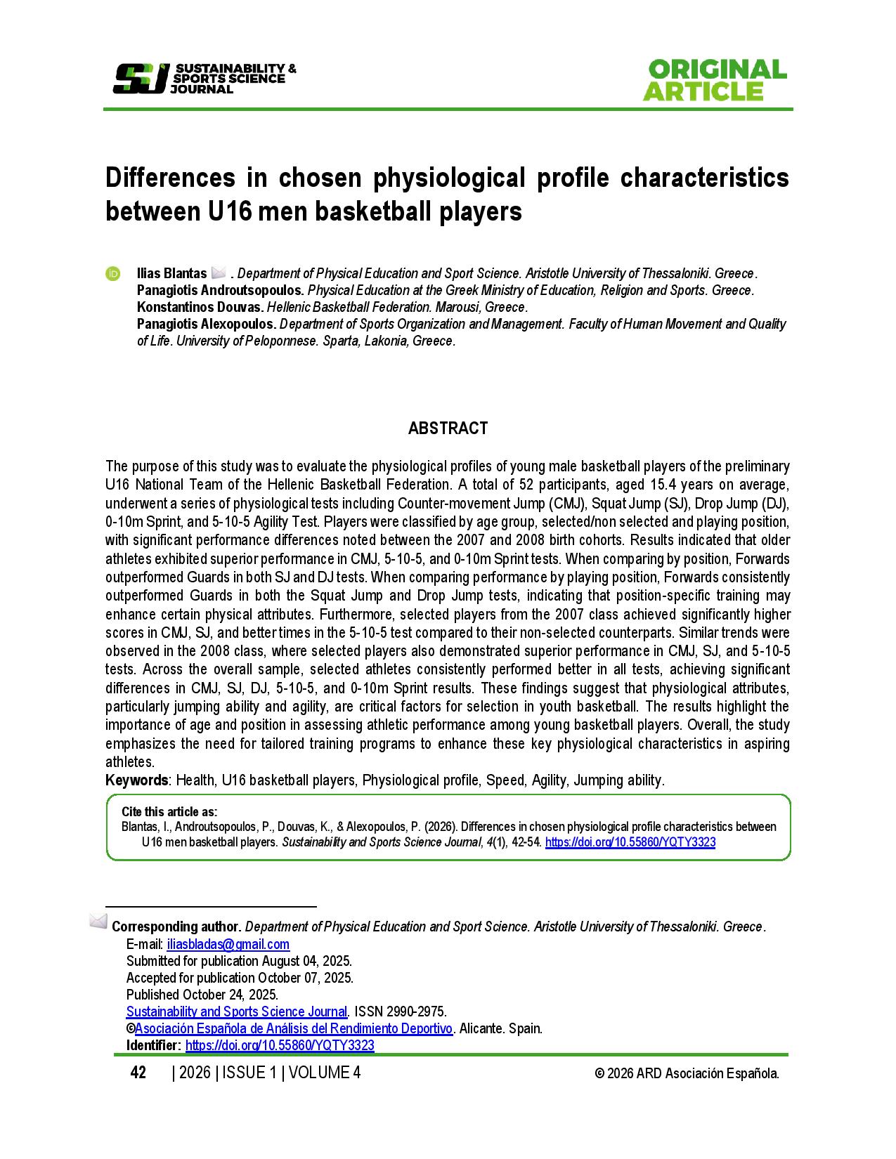 Differences in chosen physiological profile characteristics between U16 men basketball players