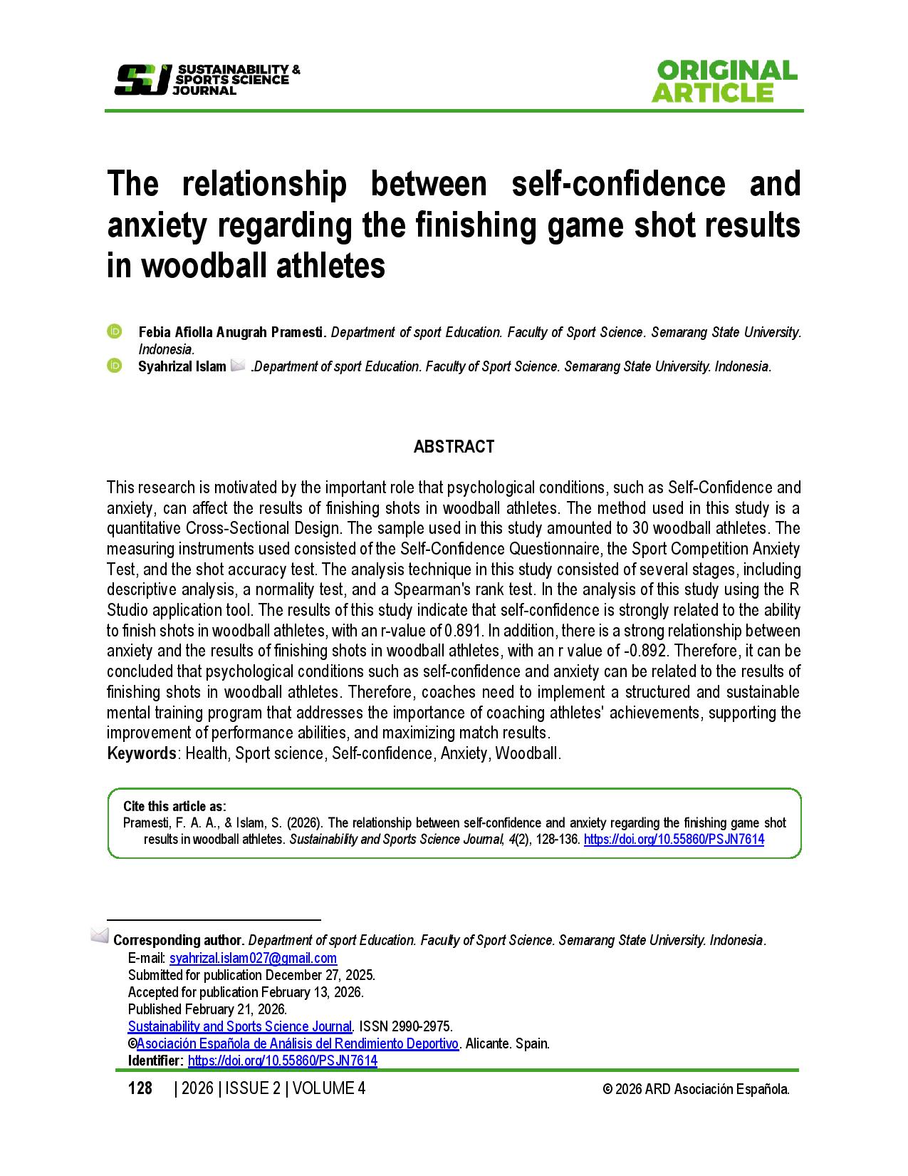 The relationship between self-confidence and anxiety regarding the finishing game shot results in woodball athletes