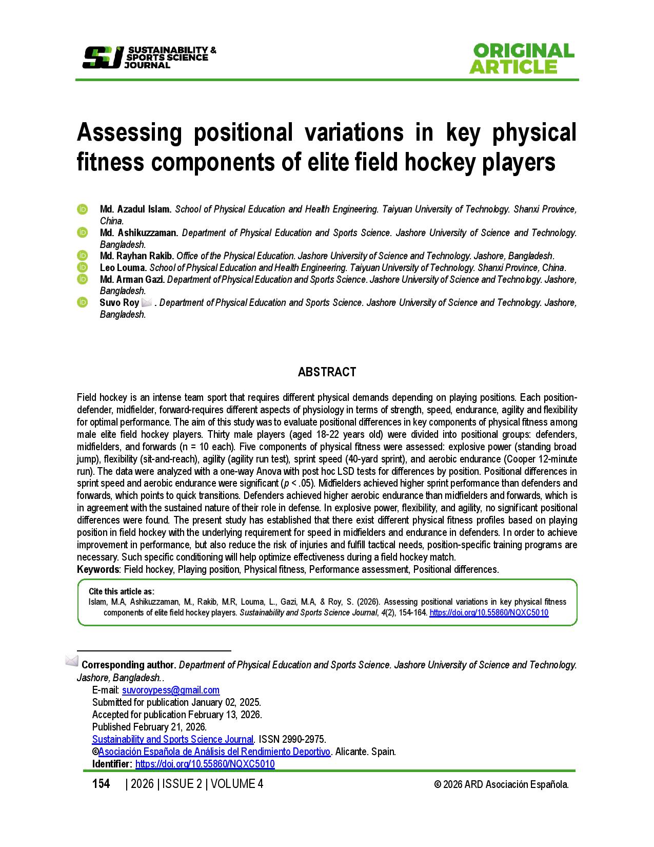 Assessing positional variations in key physical fitness components of elite field hockey players