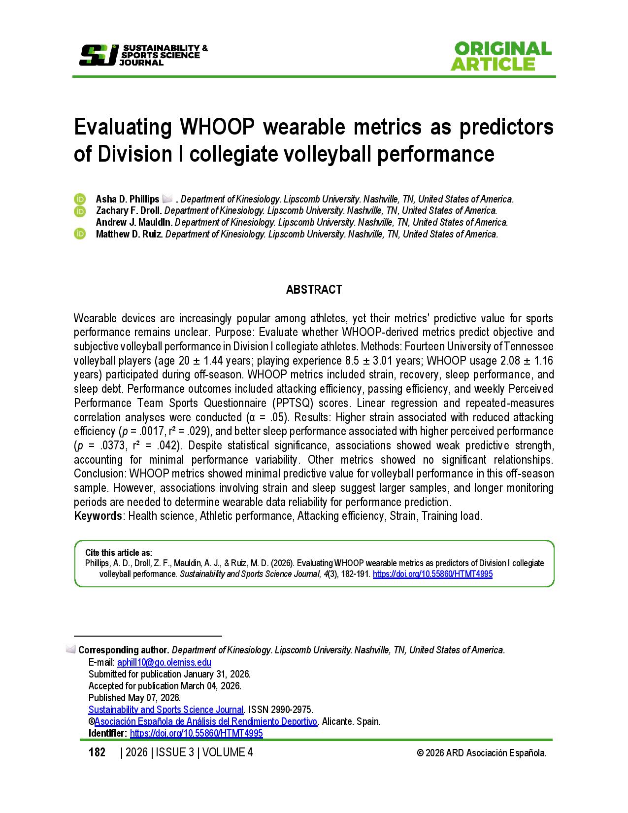 Evaluating WHOOP wearable metrics as predictors of Division I collegiate volleyball performance