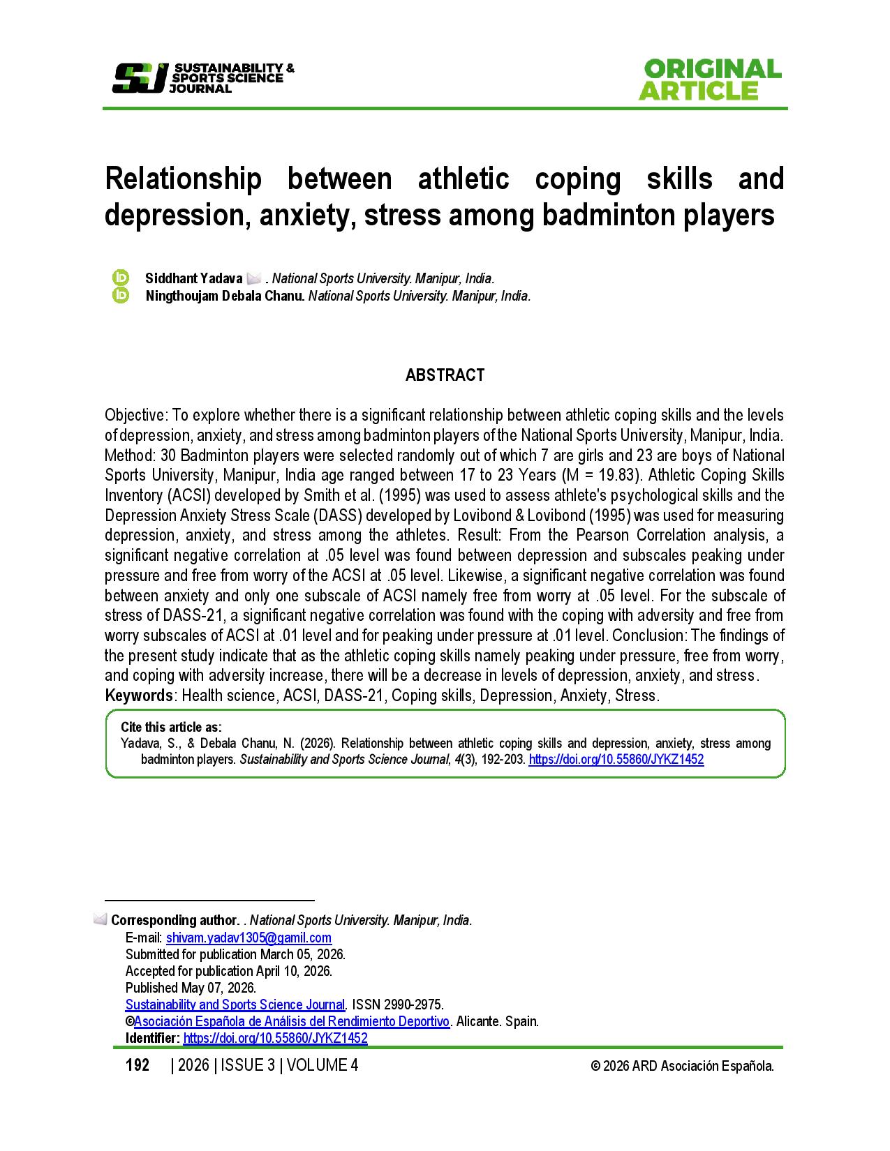 Relationship between athletic coping skills and depression, anxiety, stress among badminton players