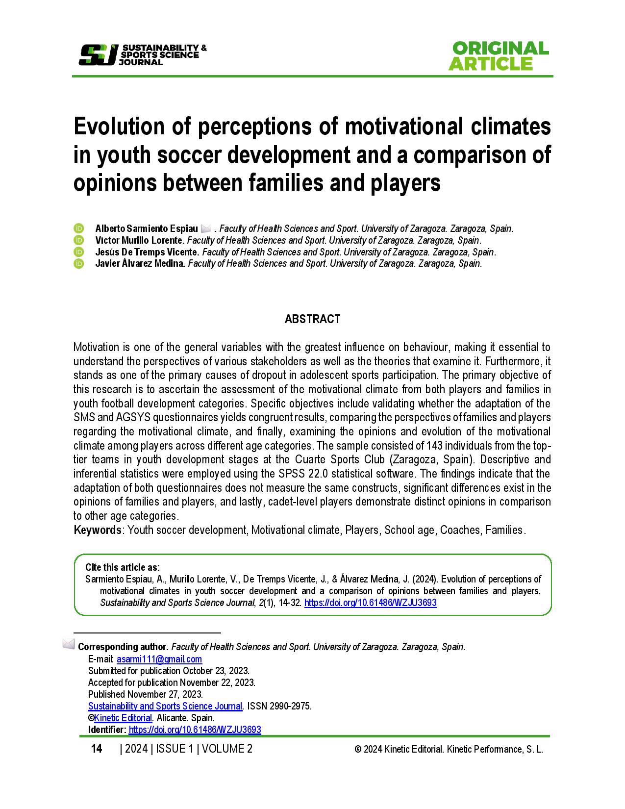 Evolution of perceptions of motivational climates in youth soccer development and a comparison of opinions between families and players