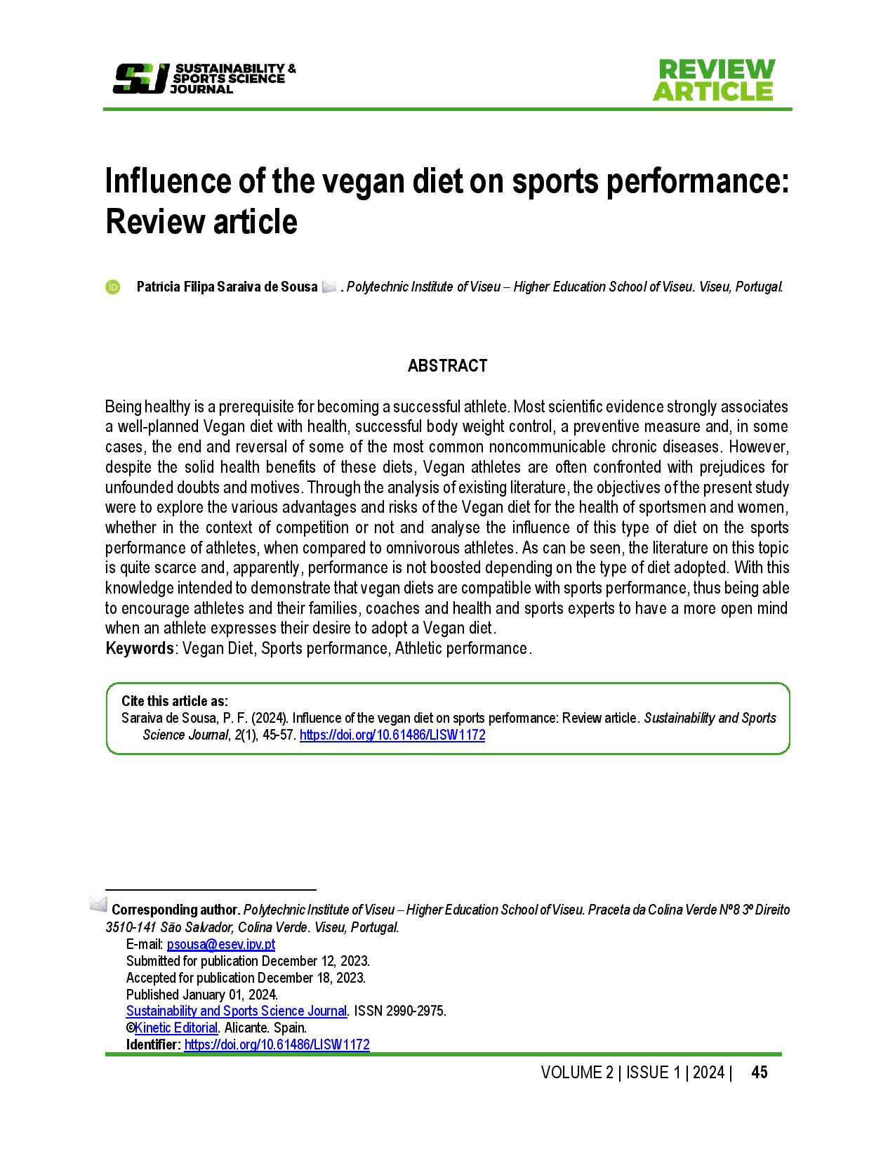 Influence of the vegan diet on sports performance: Review article