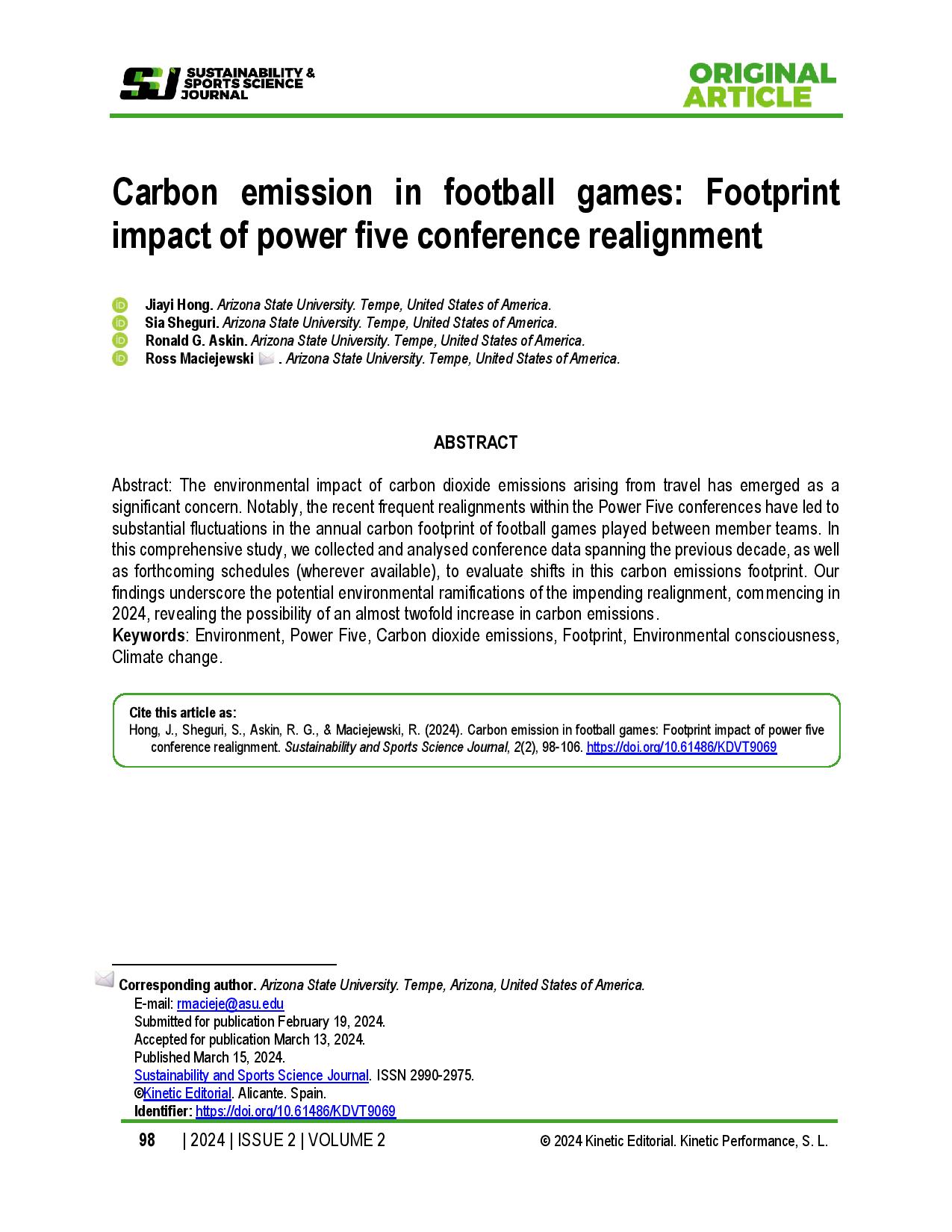 Carbon emission in football games: Footprint impact of power five conference realignment