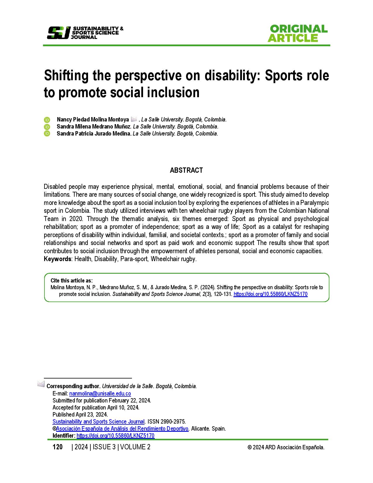 Shifting the perspective on disability: Sports role to promote social inclusion