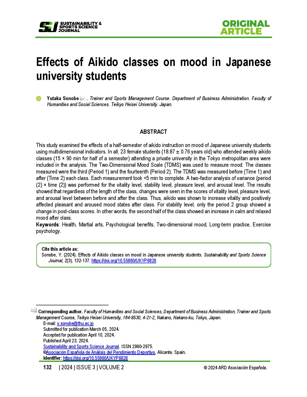 Effects of Aikido classes on mood in Japanese university students