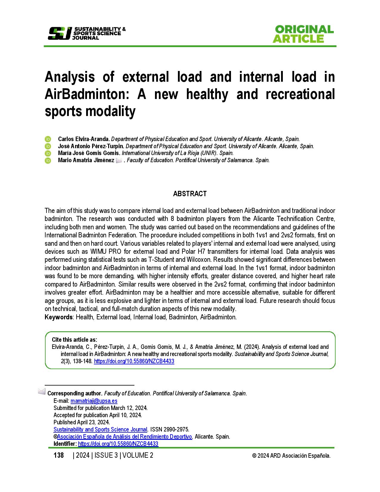 Analysis of external load and internal load in AirBadminton: A new healthy and recreational sports modality