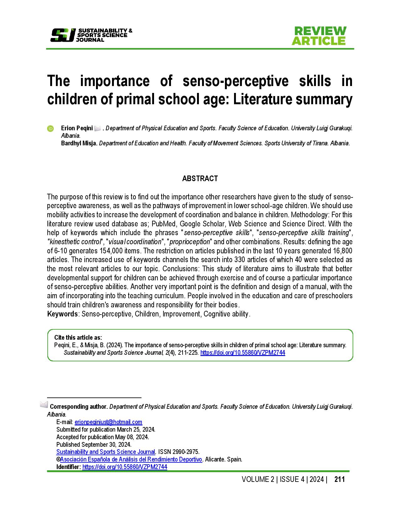 The importance of senso-perceptive skills in children of primal school age: Literature summary