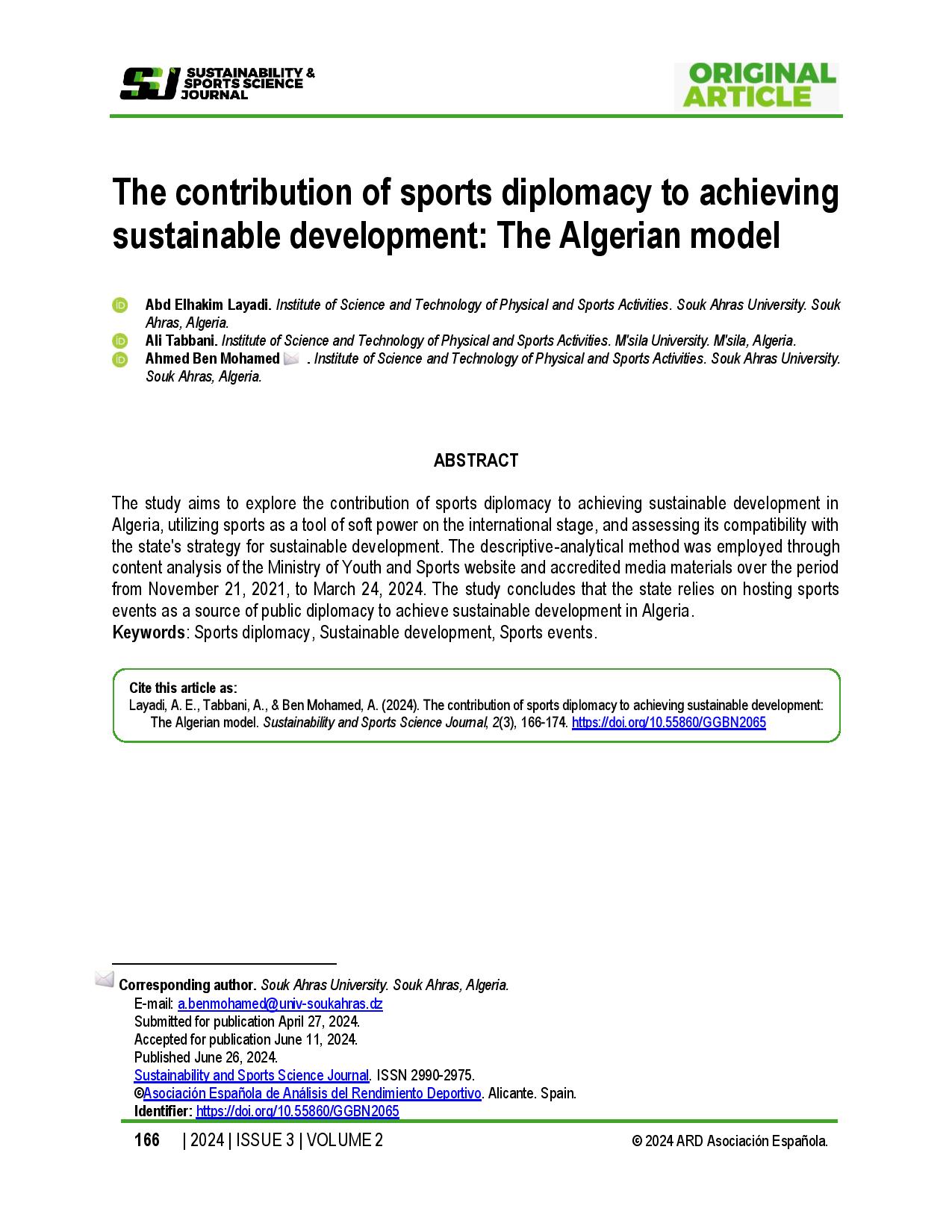 The contribution of sports diplomacy to achieving sustainable development: The Algerian model