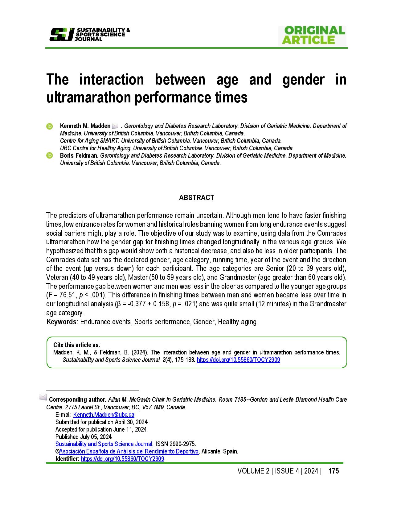 The interaction between age and gender in ultramarathon performance times