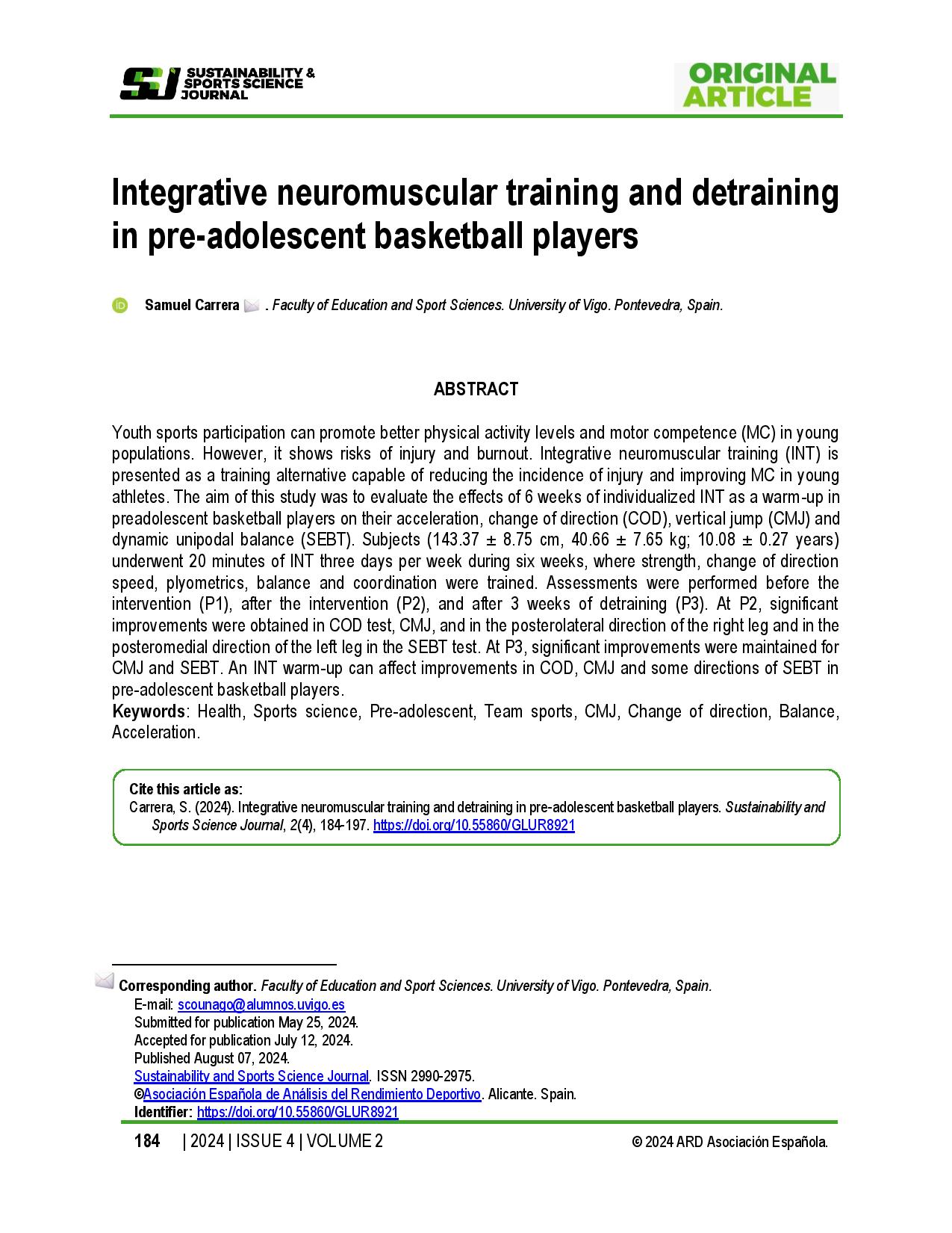  Integrative neuromuscular training and detraining in pre-adolescent basketball players