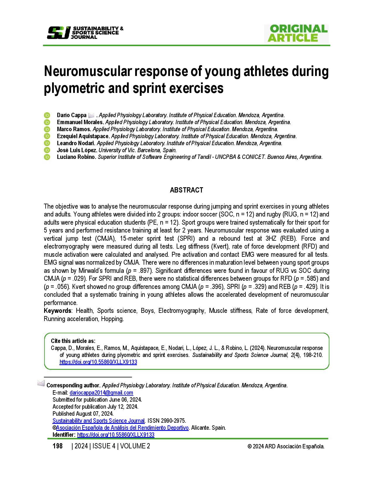 Neuromuscular response of young athletes during plyometric and sprint exercises