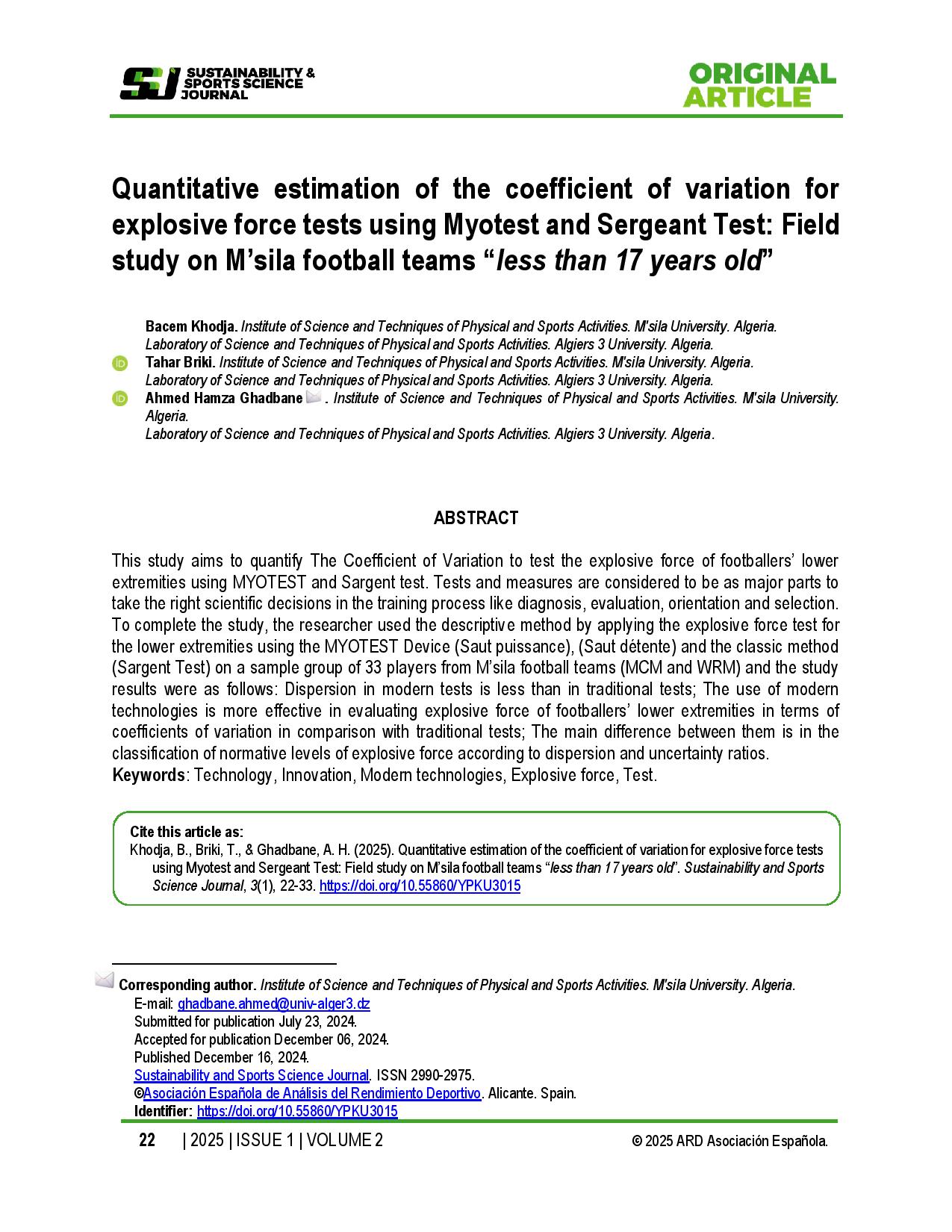 Quantitative estimation of the coefficient of variation for explosive force tests using Myotest and Sergeant Test: Field study on M’sila football teams “less than 17 years old”