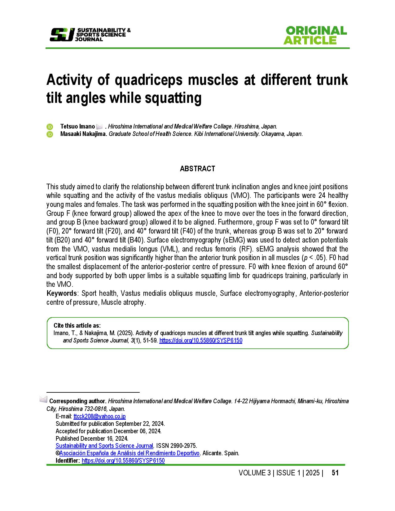 Activity of quadriceps muscles at different trunk tilt angles while squatting