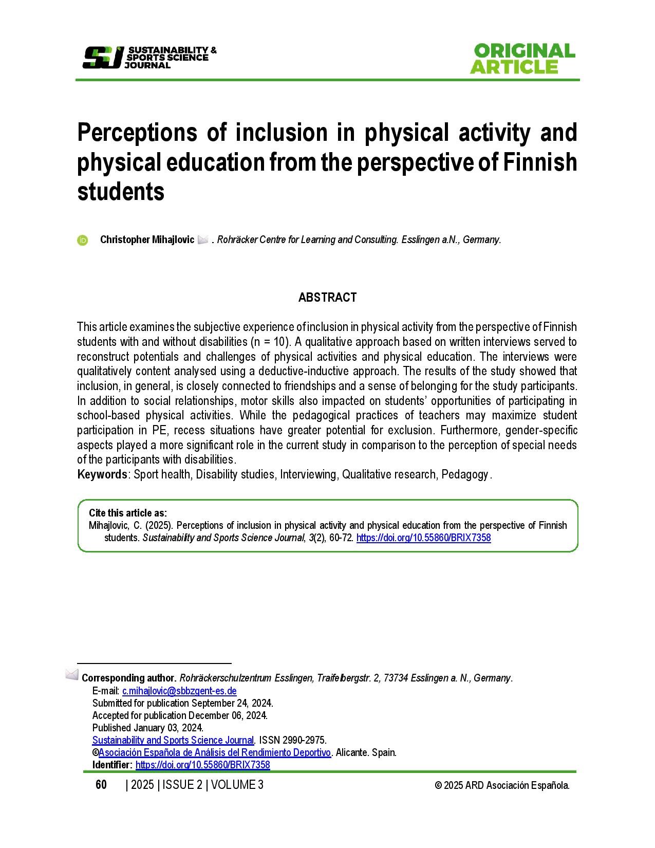 Perceptions of inclusion in physical activity and physical education from the perspective of Finnish students