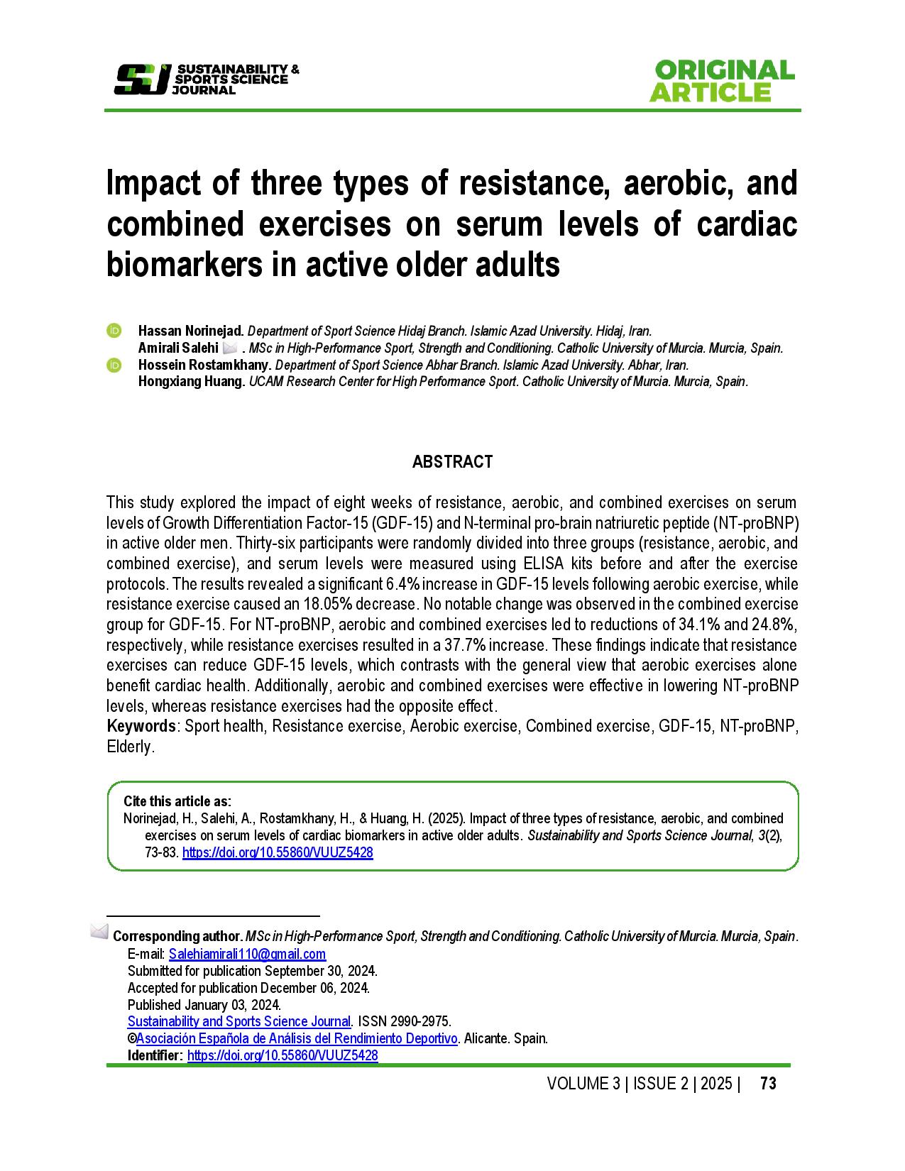 Impact of three types of resistance, aerobic, and combined exercises on serum levels of cardiac biomarkers in active older adults