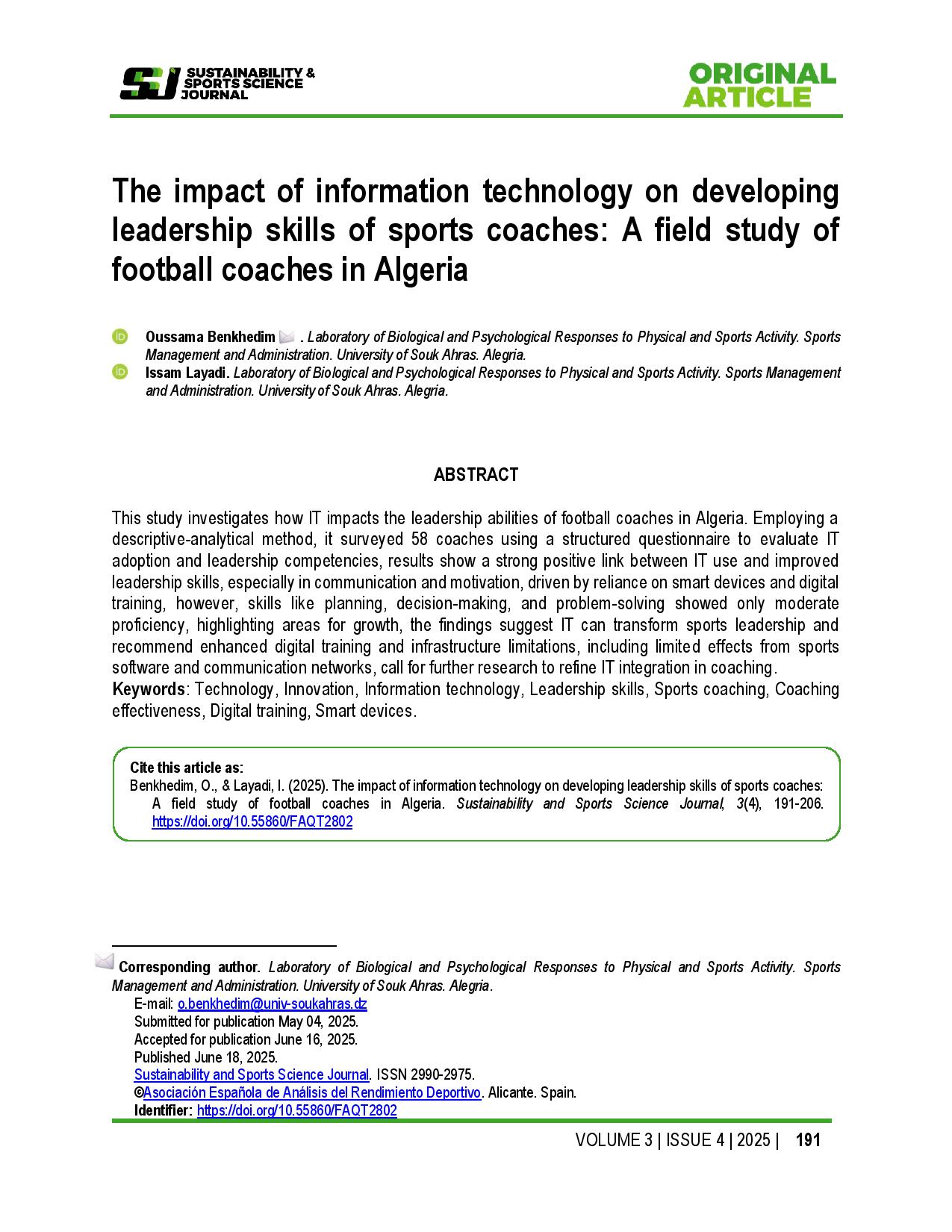 The impact of information technology on developing leadership skills of sports coaches: A field study of football coaches in Algeria